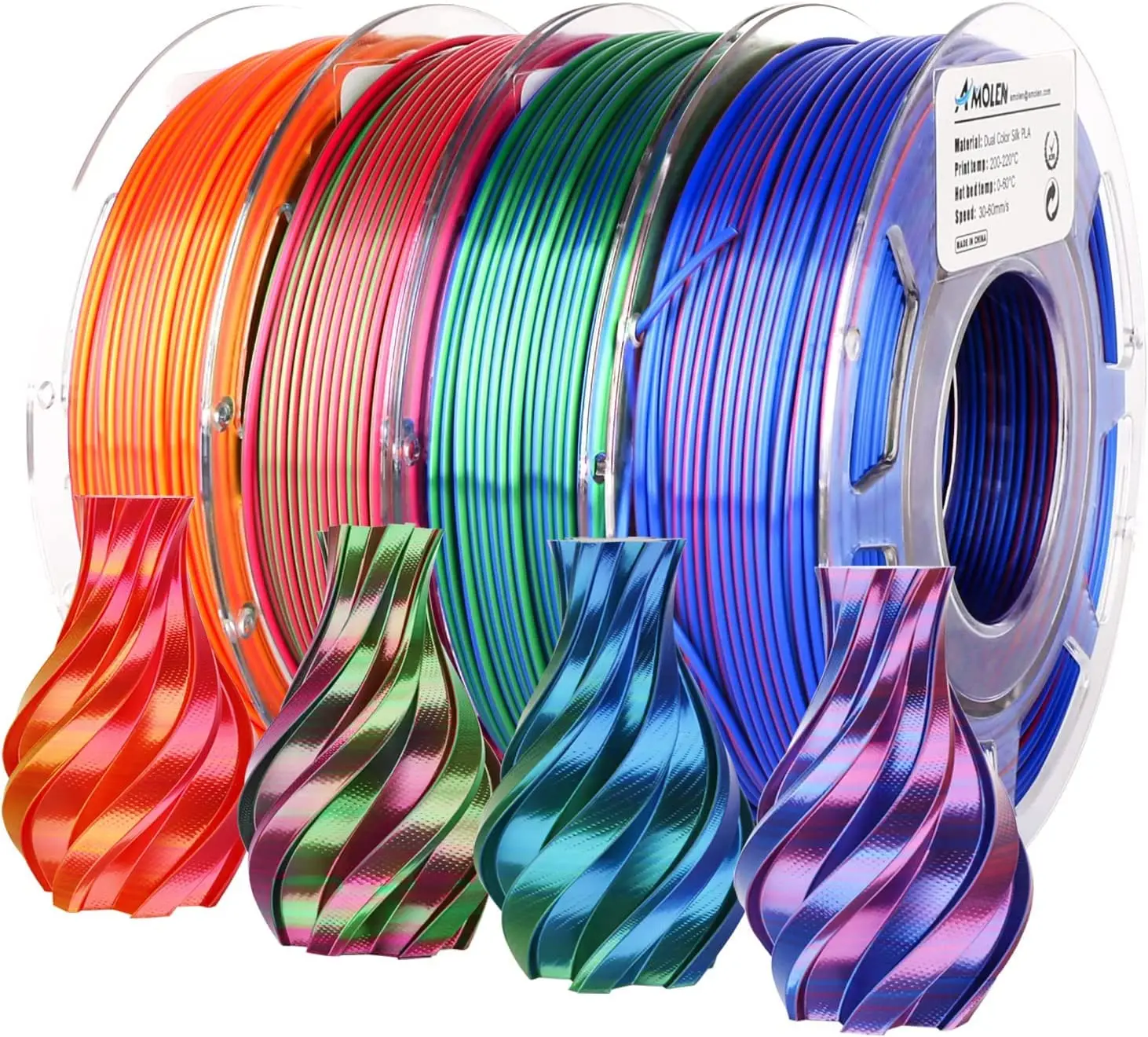 

Shiny Dual Color 3D Printer Filament Bundle, Multi Color Change PLA 1.75mm, 4 Spools 200g Each for FDM Printers