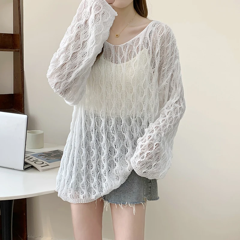 Nuovo autunno abbigliamento da donna Hollow girocollo da donna a maniche lunghe tinta unita Top maglione casual maglione allentato maglieria