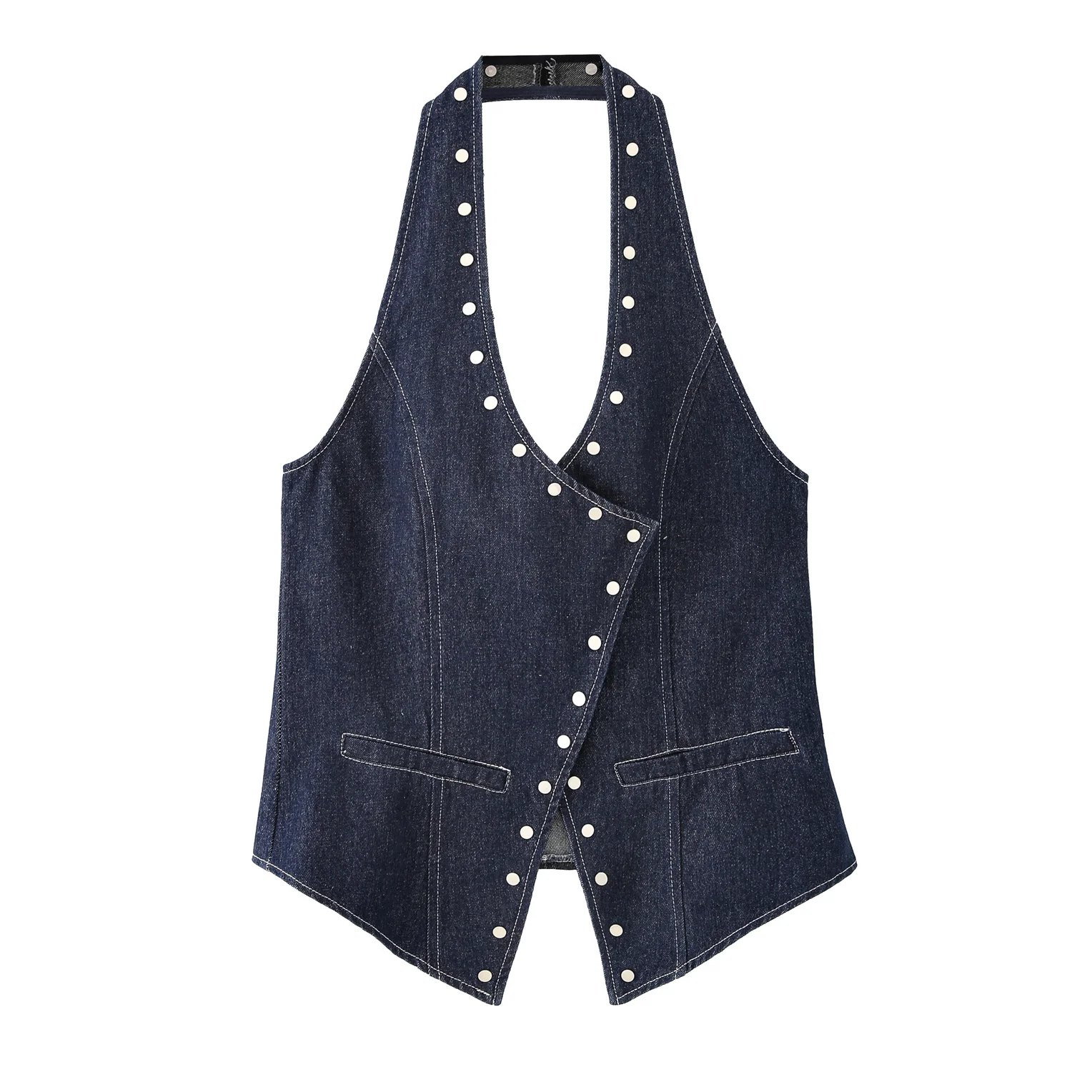 

Zevity 2025 Women Vintage Rivet Design V Neck Denim Halter Blouse Femme Chic Backless Elastic Vest Shirt Slim Blusas Tops LS9434