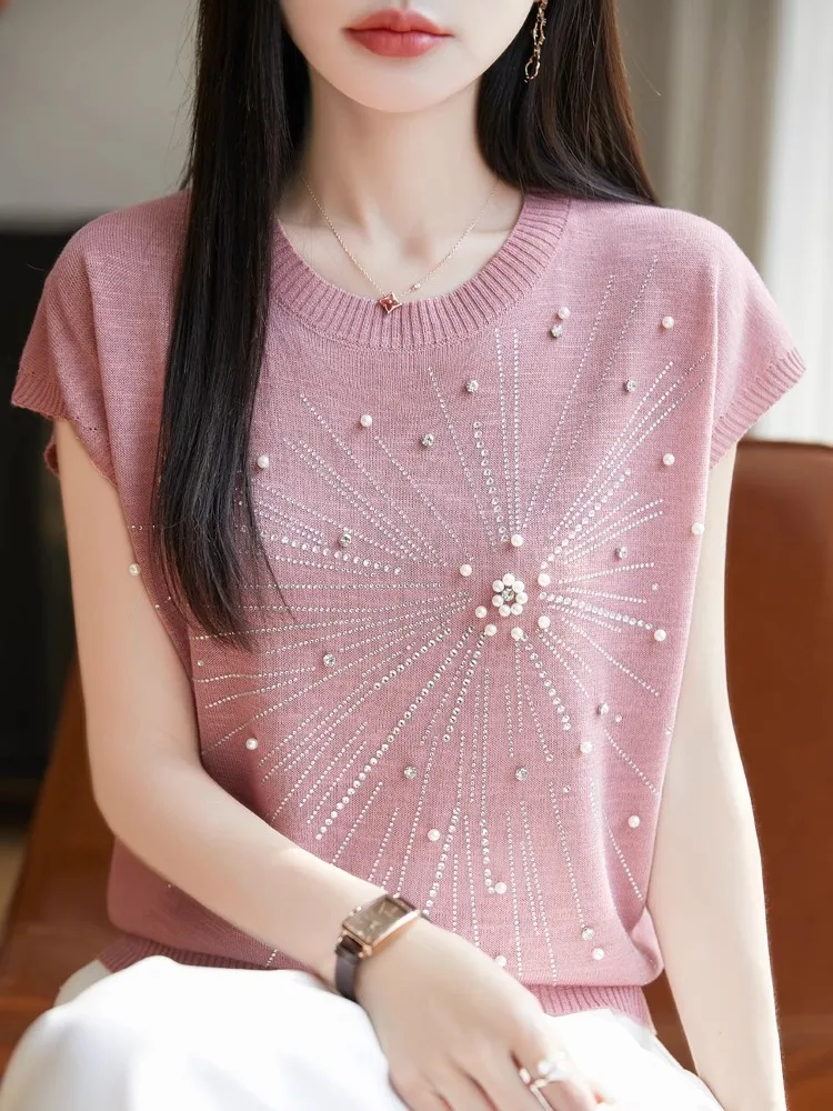 T-shirt ort Sve in maglia di bambù primavera estate da donna rotonda Ne impreziosita con diamanti sciolti base ort irt coreano Sle