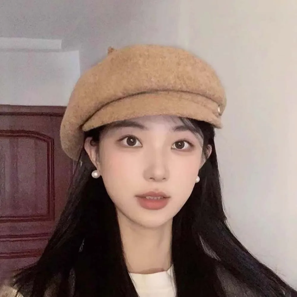 

Повседневная однотонная шерстяная беретка-кепка, вязаная женская кепка-«художник», в британском стиле, универсальная восьмиугольная безободковая шляпа на каждый день