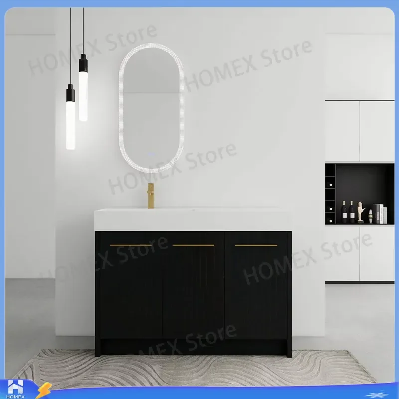 48 Inch Freestanding Bathroom Vanity Cabinet with Resin Sink Soft Close Doors Modern Wood Washbasin Unit KD Pack Home Decor