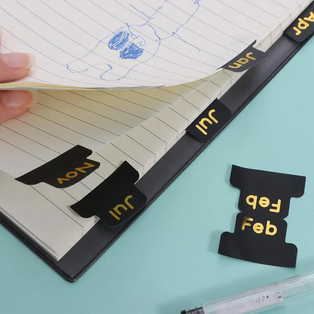 12 pcs Black Adhesive Monthly Stickers Stationery Index Tabs Stickers Decorative Monthly Label Studying Waterproof