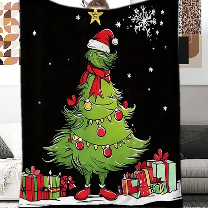 Christmas Tree Flannel Blanket, Green Festive Soft Throw, All Season Cozy for Sofa Office, Holiday Nap Companion Gift