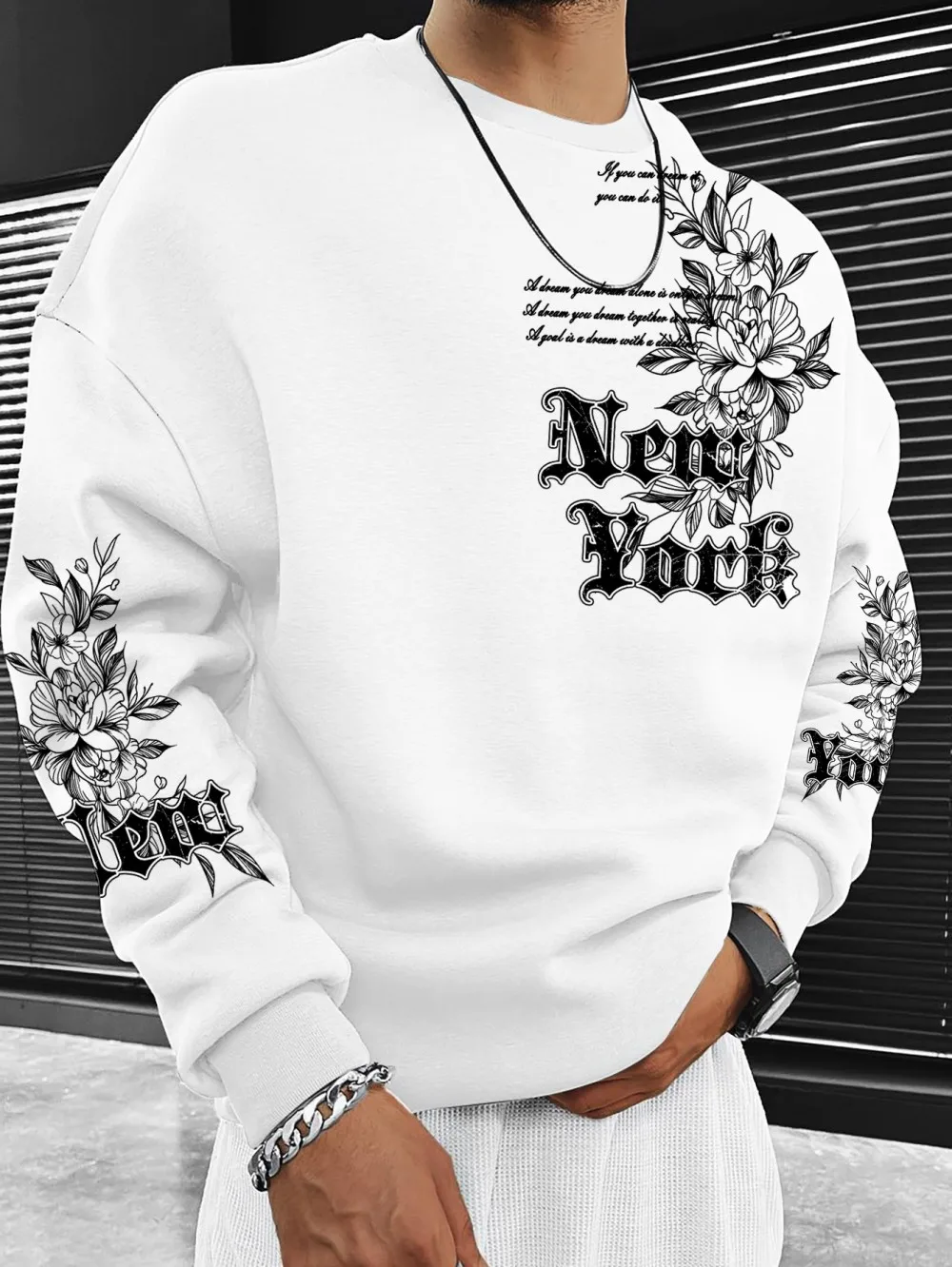 American men's autumn New York flower letter print soft and comfortable round neck long sleeved T-shirt outdoor casual top