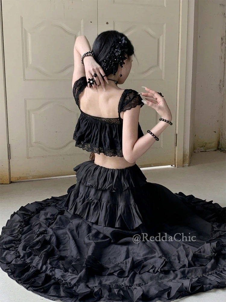 REDDACHiC Women Ruffled Top Skirt Matching Set Beach Romantic Swing Elastic Waist Maxi Skirt Fly Sleeve Crop Top Holiday Clothes view 4