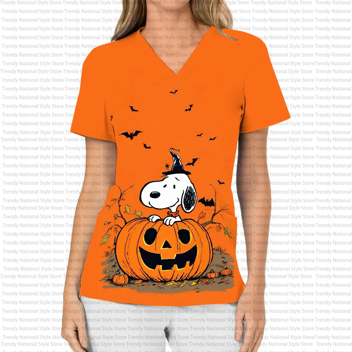 2025年新作カートゥーン風スヌーピー柄プリントレディースTシャツ、Vネック半袖ポケット付きフロストトップ、デンタルビューティーサロン、ペットショップ向けトップス