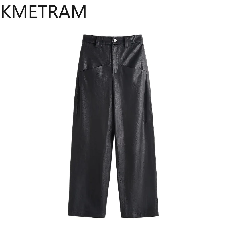 KMETRAM Full Vegetable Tanned Ultra-Thin Whole Sheepskin Genuine Leather Trousers Straight Wide Leg Pants for Woman Pantalones