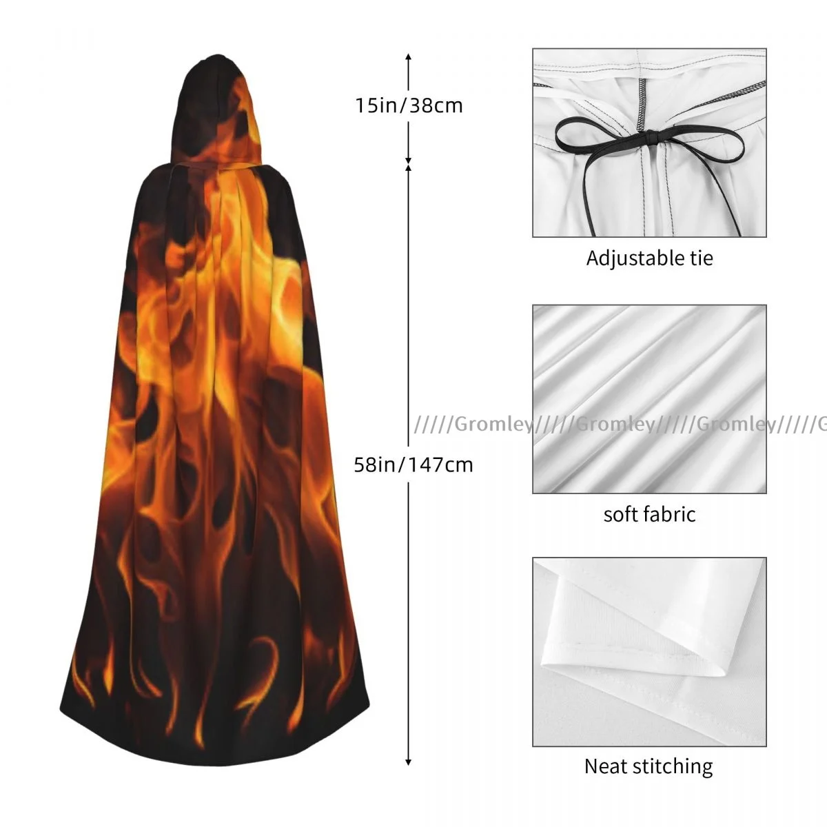 Medieval Halloween Cosplay Cloak Hooded Coat Fire Flame Print Cape Coat Long Trench Costume Wizard Cloak