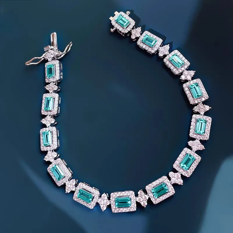 New Fashion Silver Color Paraiba High Carbon Diamond Bracelets For Women Sparkling Wedding Party Fine Jewelry Wholesale