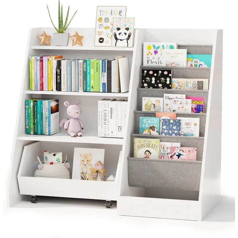 

COZPAW Book Shelf for Kids Rooms,4Tier Kids Bookshelf with Movable Drawer 5Sling Pockets,Toddler Bookshelf and Toy Storage White