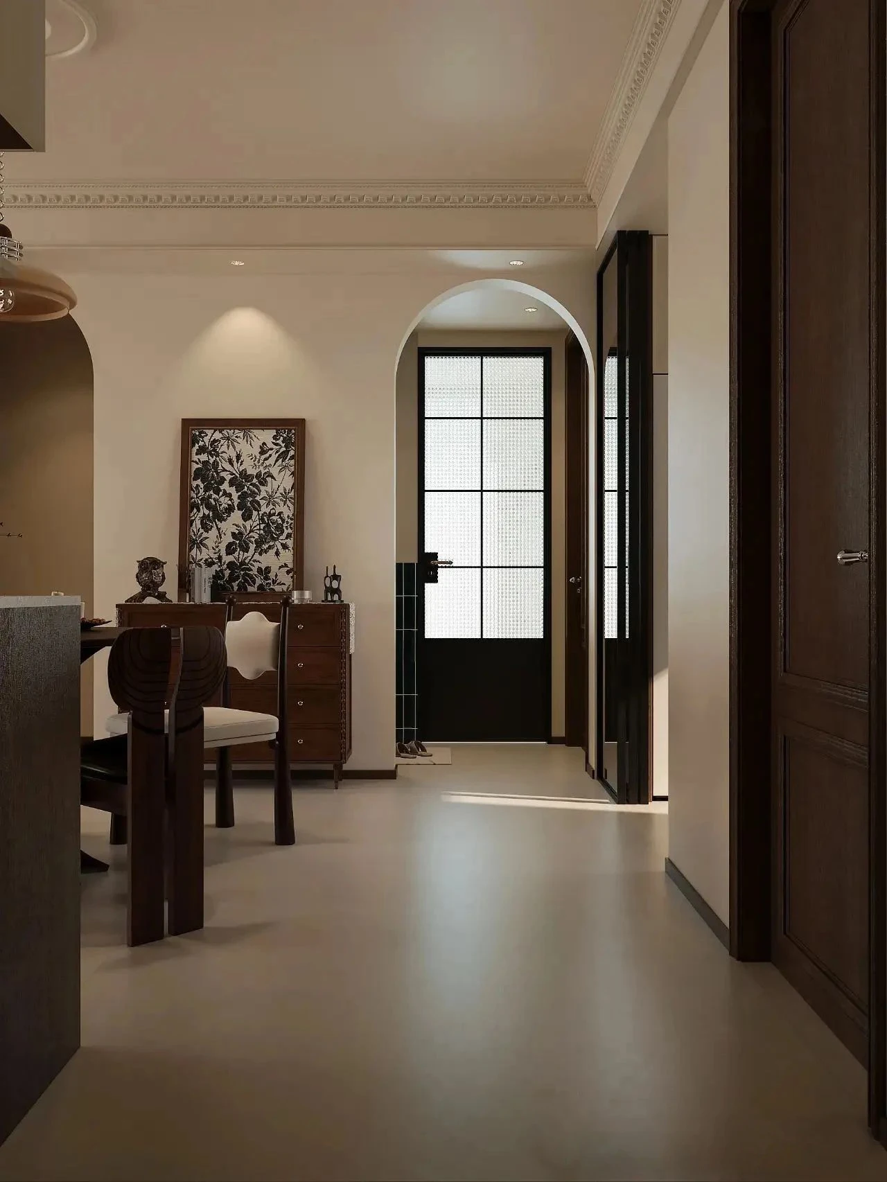 طاولة طعام خشبية على الطراز الكريمي العتيق، خزانة غرفة المعيشة، تصميم جرافيك مخصص للمنزل بأكمله لمشروع الشقة أو الفيلا