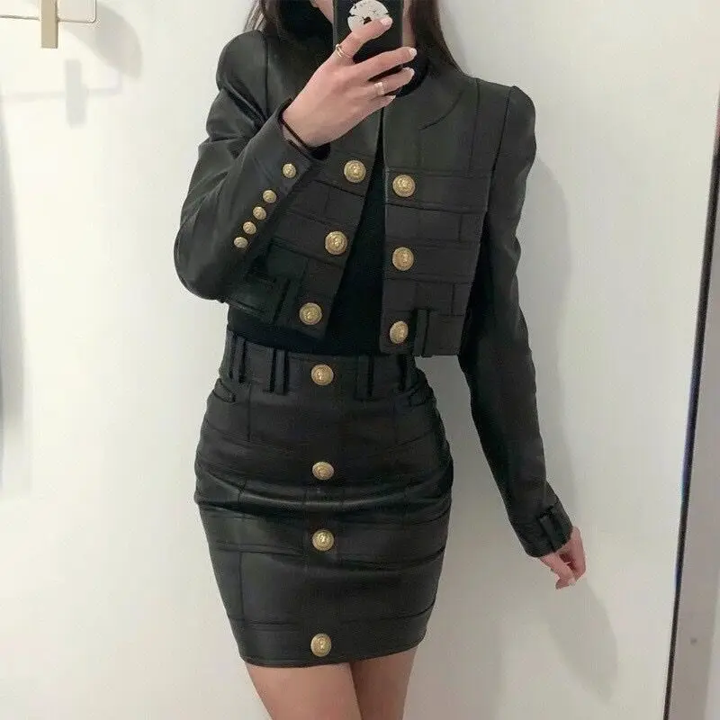 Lion Button Women Leather Jacket Plaid Round Neck Tops Black Long Sleeve Coat One Row Of Buttons Slim Short Mini Newest In Stock