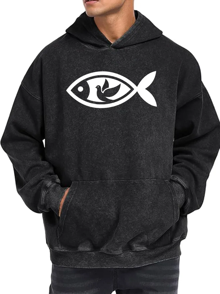 سترة بقلنسوة برسومات كلاسيكية للرجال من Pigeon Fish، بلوفر كلاسيكي متعثر، ملابس الشارع، كاجوال