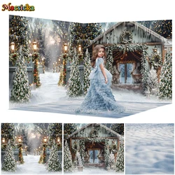 Christmas Photography Background Winter Snowy Pine Tree Farm Backdrop Shiny Street Lights Decor Kids Family Outdoor Photo Studio