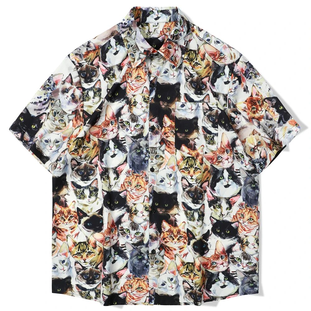 

Summer Short Sleeve Shirt Breathable Hawaiian Beach Wear Cute Cat Print Shirts Men Casual Blouse