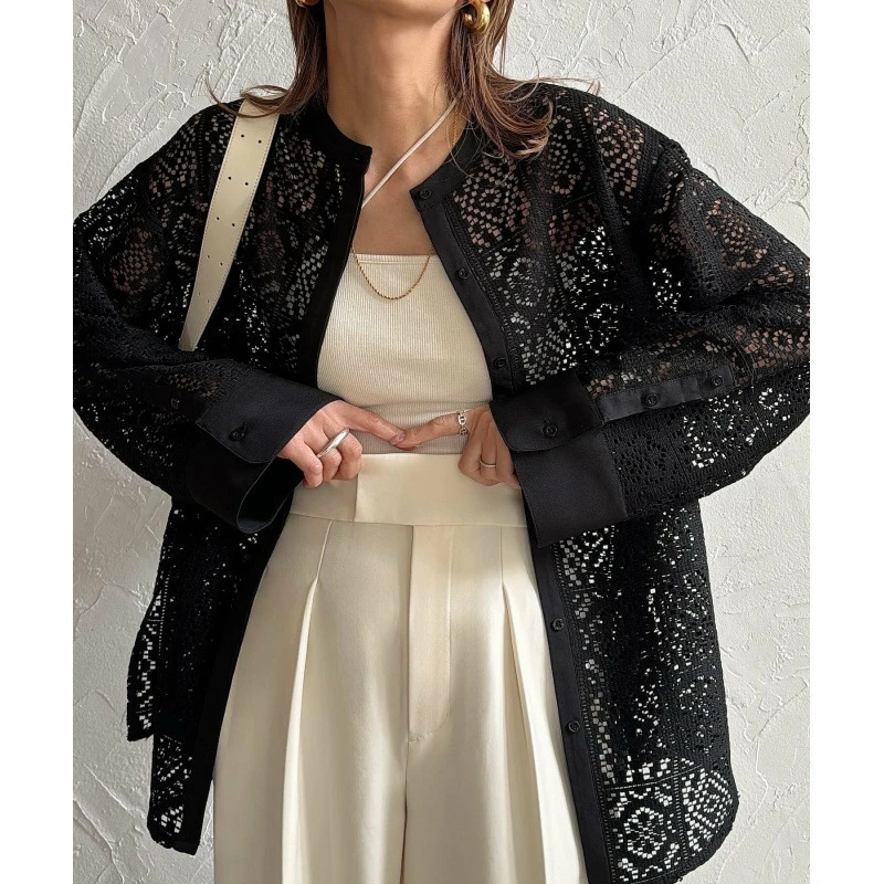 

Korean Style Sheer Crochet Lace Blouse Cardigan Women's Spring Fashion Casual Outerwear Top