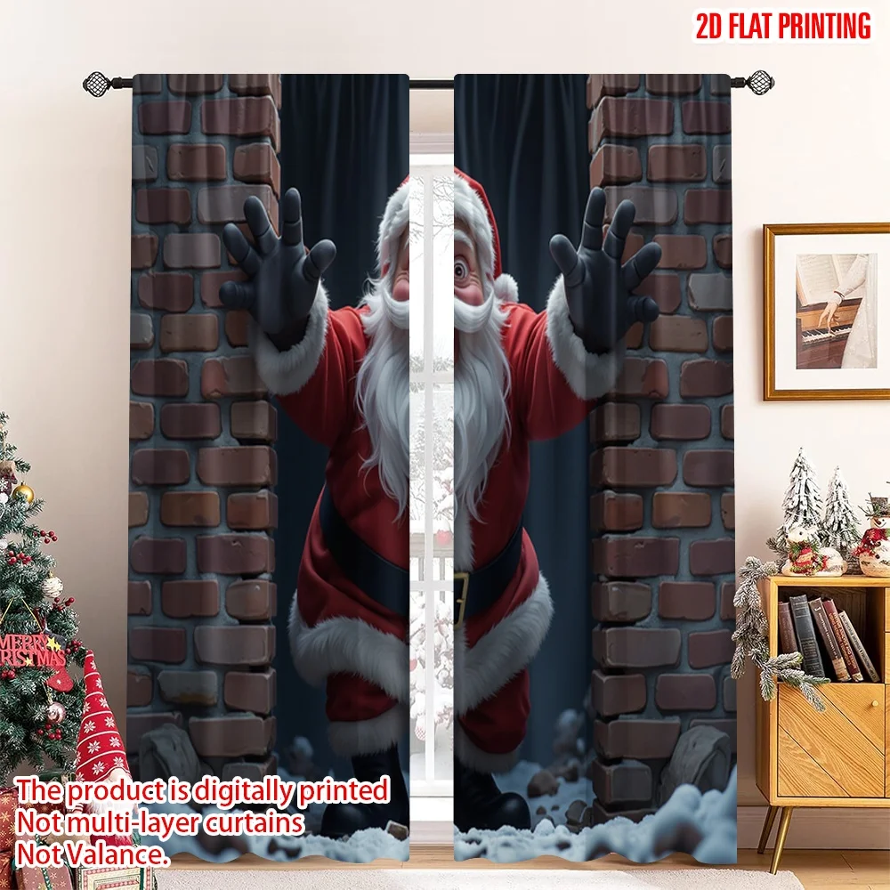 

2pcs 2D flat printing Merry Christmas Popular Window Drapes Surprised Santa Brick Wall Crash Polyester Without Electricity 0