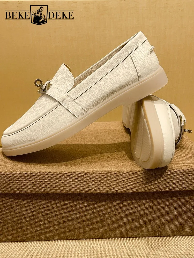 

Business Men Buckle Genuine Leather Slip On Fashion Loafer Solid Color Cowhide Round Toe Hard-Wearing Platform Casual Shoes