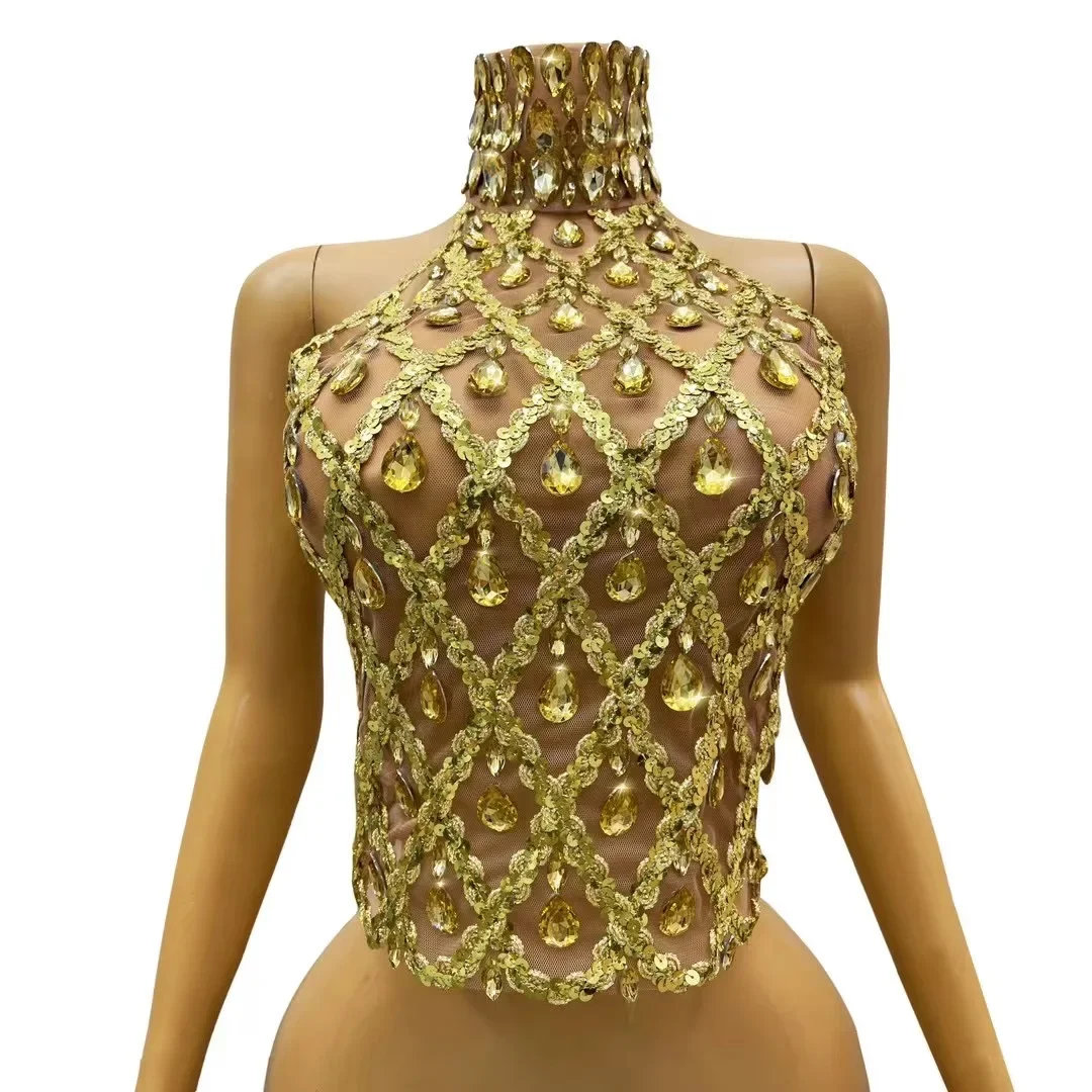 

Женская сексуальная прозрачная вечерняя одежда для дня рождения, костюм для ночного клуба, сценический костюм, блестящие сетчатые топы с золотыми стразами