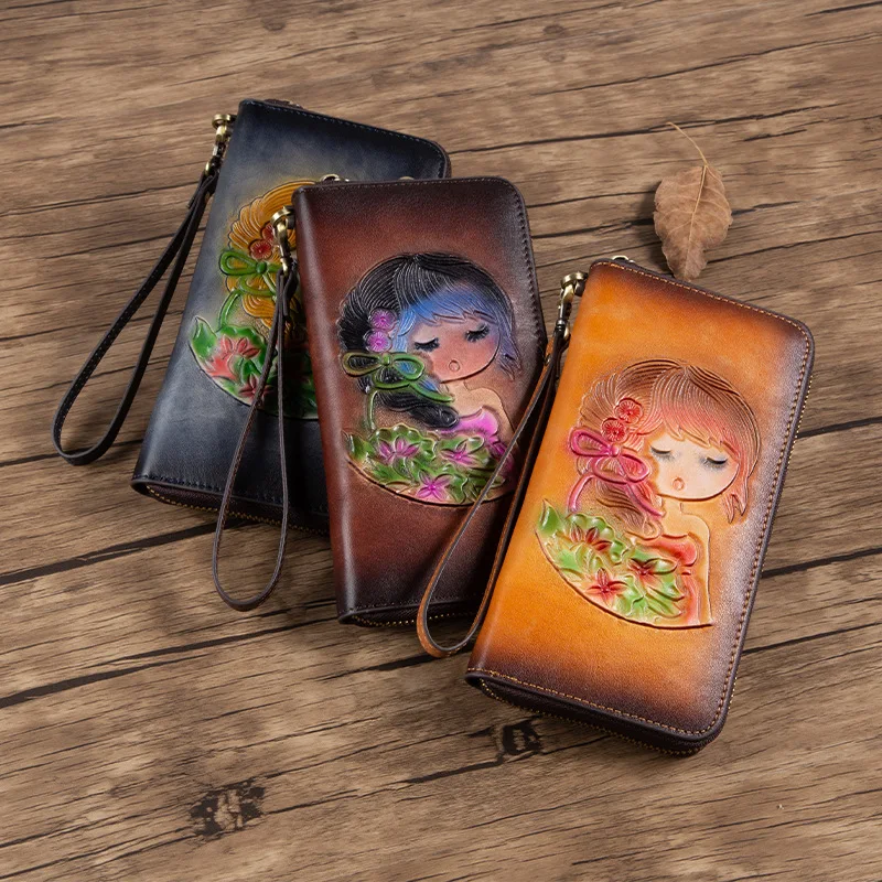 vintage-leather-wallet-women's-handheld-long-zipper-money-bag-top-layer-cowhide-mobile-phone-bag-floral-pattern-new-condition