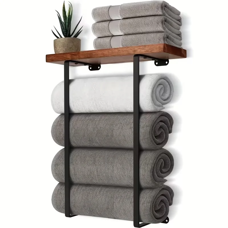 A Double Pole Towel Rack for The Bathroom That Is Wall-Mounted And Does Not Require Drilling. Made of Ironwood, This Minimalist
