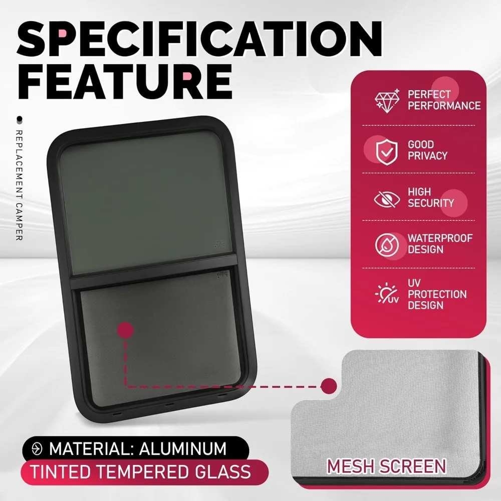 24 Wide x 36 High Vertical Slide RV Window Replacement with Screen for Cargo, Travel Trailer, and Camper