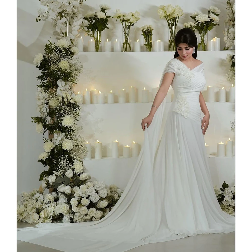 Off Shoulder Chiffon Pleated Tiered Muslim Wedding Dress Sheath Lace Cape Saudi Arab Bridal Dress with Train Custom Made