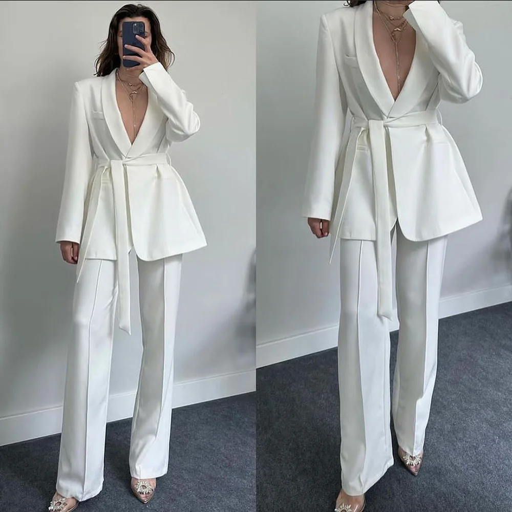 Luxury High End Solid Color Shawl Lapel Belt Women\'s Suits Slim Fit Skinny 2 Piece Jacket Pants Outfits Blazer Office Lady Terno