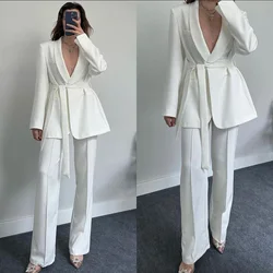 Luxury High End Solid Color Shawl Lapel Belt Women's Suits Slim Fit Skinny 2 Piece Jacket Pants Outfits Blazer Office Lady Terno