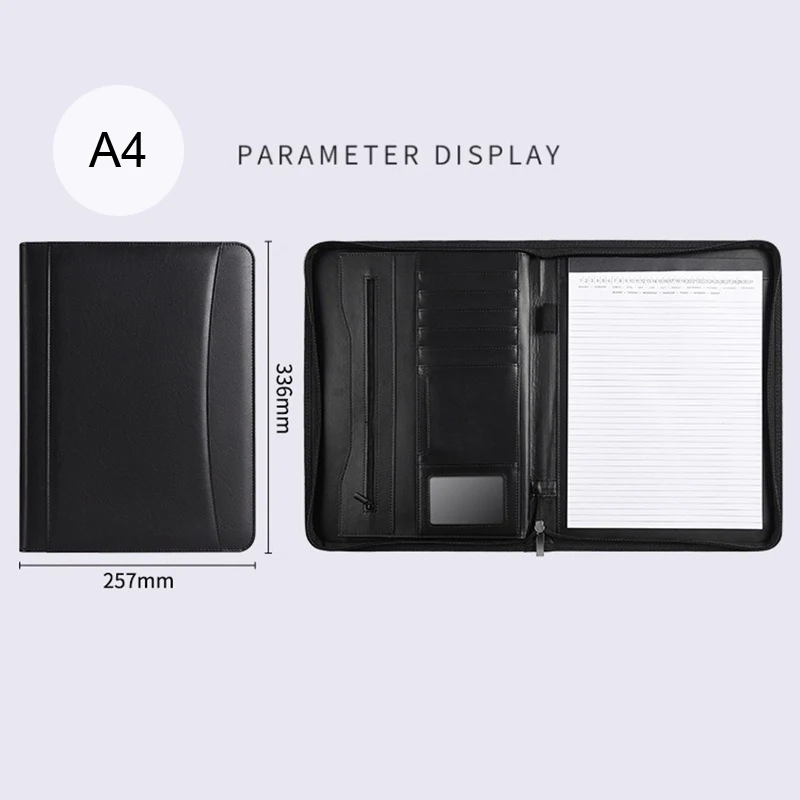 Black A4 Leather Multifunctional Conference Portfolio Folder Zippered Document Organizer Executive Briefcase for Office Use