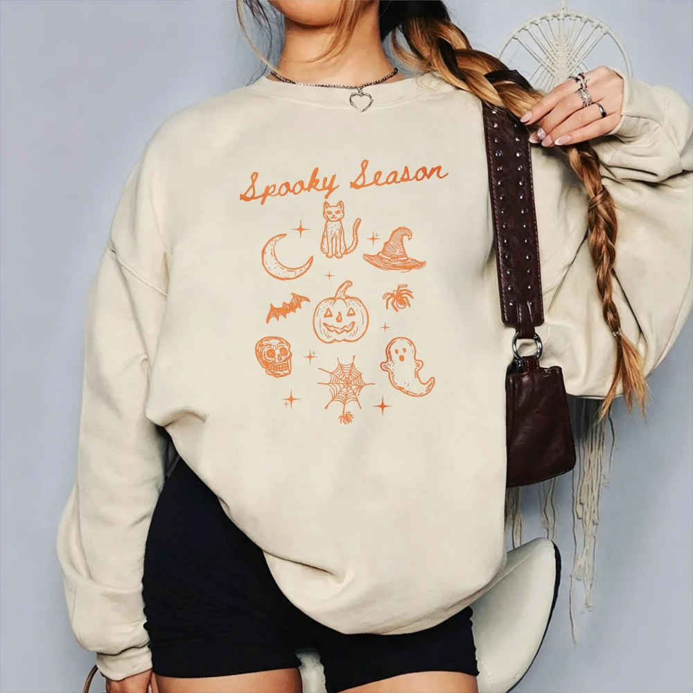 Spooky Season Halloween Sweatshirt Orange Print Black Cat Witch Hat Pumpkin Ghost Bat Skull Spider Crescent Moon Spooky Pullover