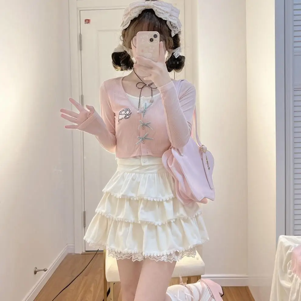 

2026 Spring/Summer Sweet and Spicy Girl Fake Two Piece Pink Long Sleeve Top+High Waist Cake Skirt Two Piece Set