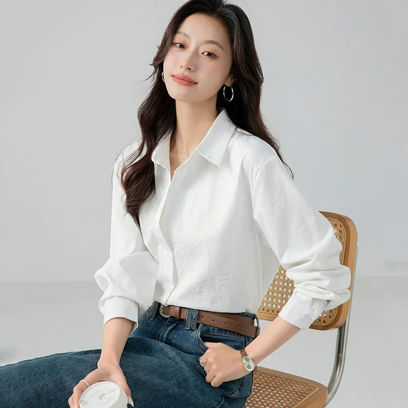 Otoño Vintage marrón gasa blusas mujeres Casual Color sólido camisa de manga larga mujer coreana suelta Simple Oficina camisas blancas