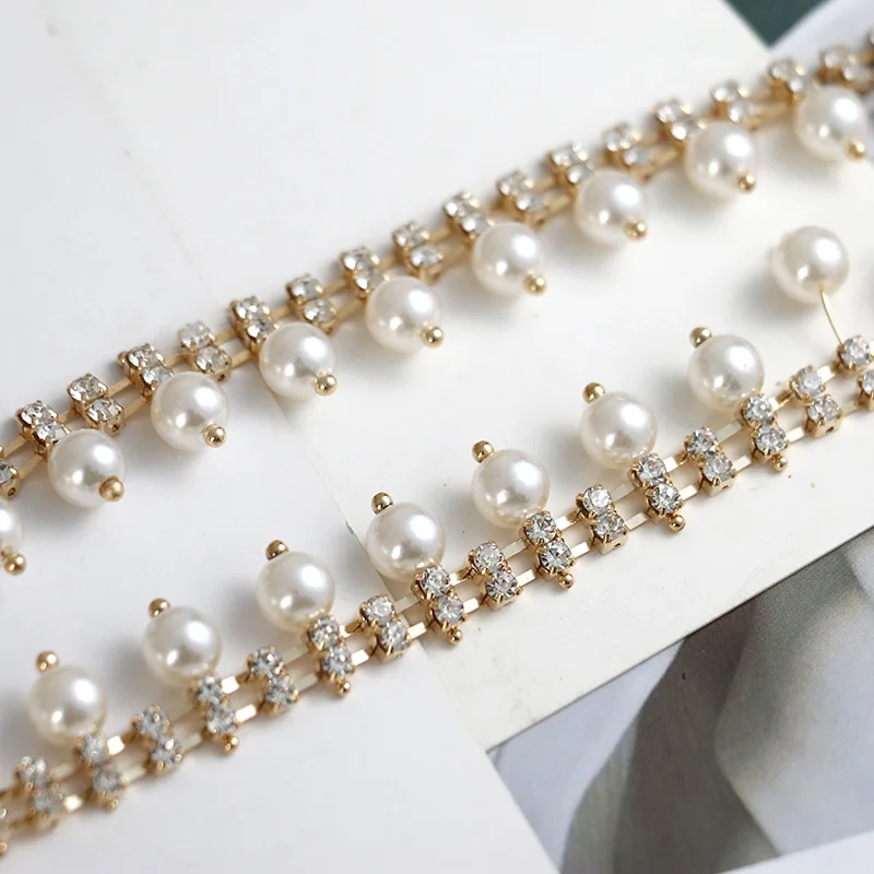 New Style Pearl Rhinestone Cup Chain Sew on Rhinestone Mesh Trim for Wedding Dress Shoes Bags Jewelry Decoration