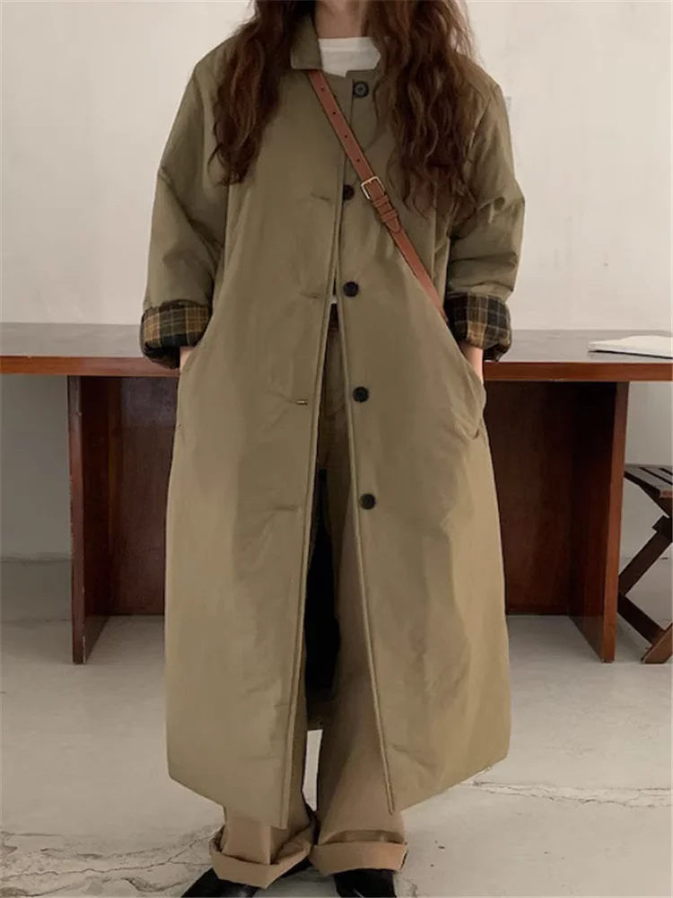 

Korean Chic Navy Blue Padded Long Bread Coat Women Winter Fashion Oversized Loose Long Parka Lazy Style Casual Warm Bread Jacket