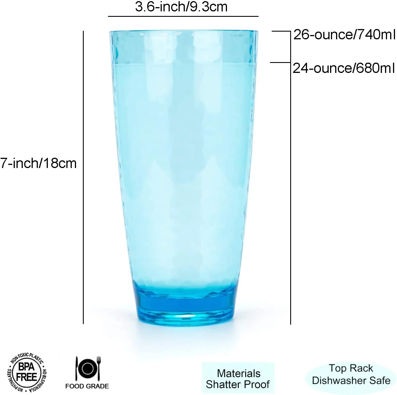 26-Ounce Large Acrylic Glasses Plastic Tumbler/Drinking Cups,Set of 6 Multi-Hammered Style,BPA Free