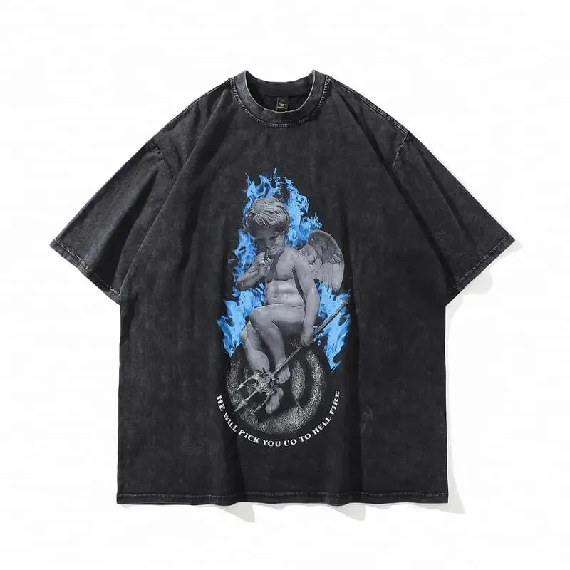 Summer Men Vintage Washed T-Shirts Anime Gothic Streetwear Punk Unisex Short Sleeve Tops Tee Y2k Oversized T-Shirt 8XL Clothing