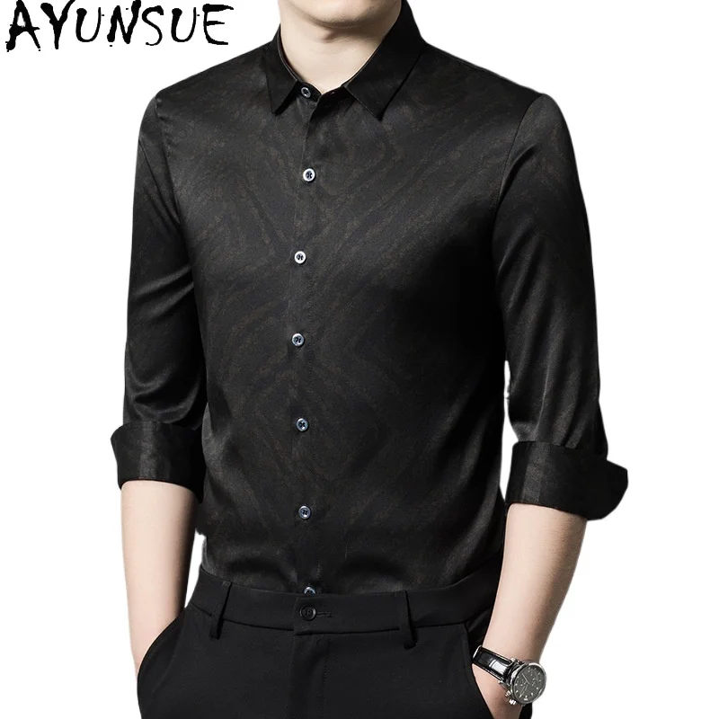 

AYUNSUE 92.5% Natural Mulberry Silk Shirts for Man High Quality Long Sleeve Shirts Men Clothing 2026 Spring Autumn Printed Shirt