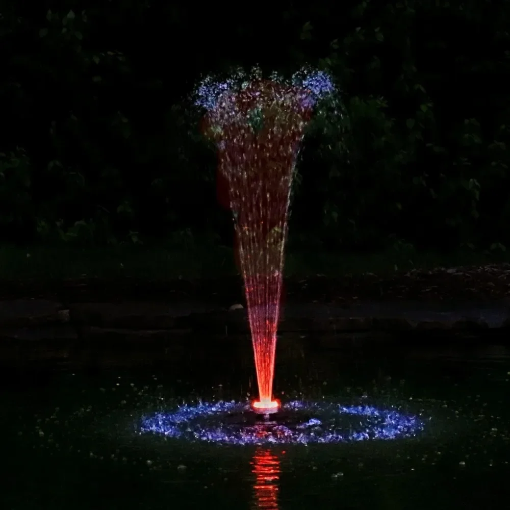 

Small Floating Fountain with 48 RGB LED Lights and 600GPH Submersible Pump for Ponds and Water Gardens