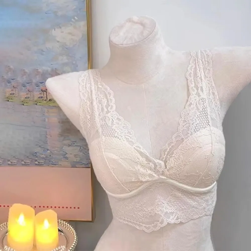 

New White Lace Bras No Steel Ring Gathered Design Wire Free Bra Deep V Neck French Lace Lingerie for Special Occasio