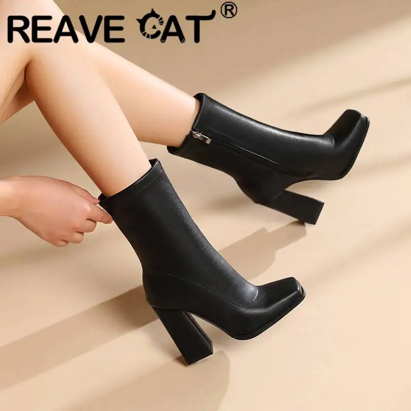 REAVE CAT Ladies Stretchy Boots 17.5cm Shaft Toe High Block Heel 10cm Size 34-44 Fashion Footware