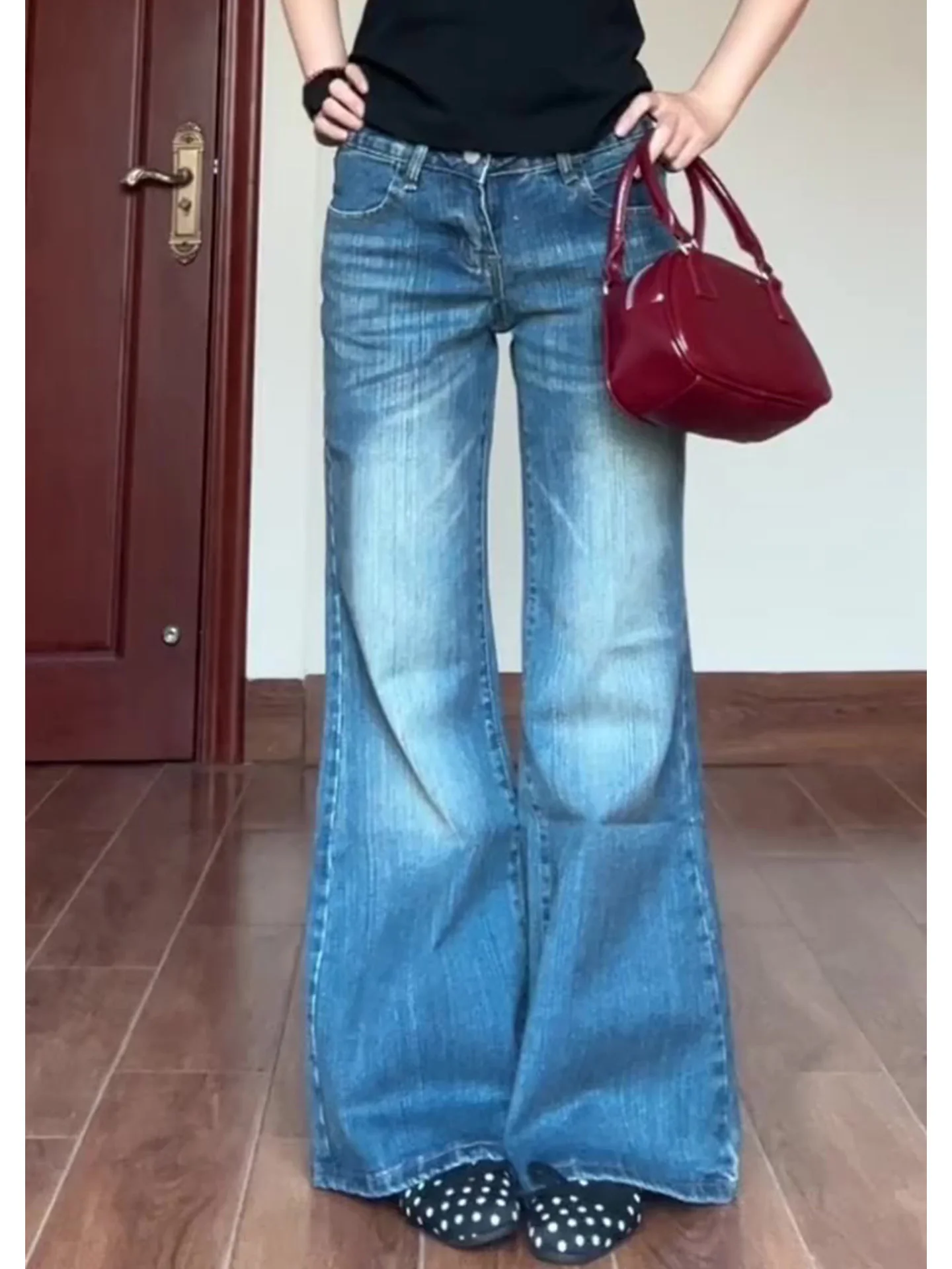 

Deep Blue Denim Jeans Women's High Waist Straight Leg Pocket Detail High Elasticity Slimming Floor Length American Style