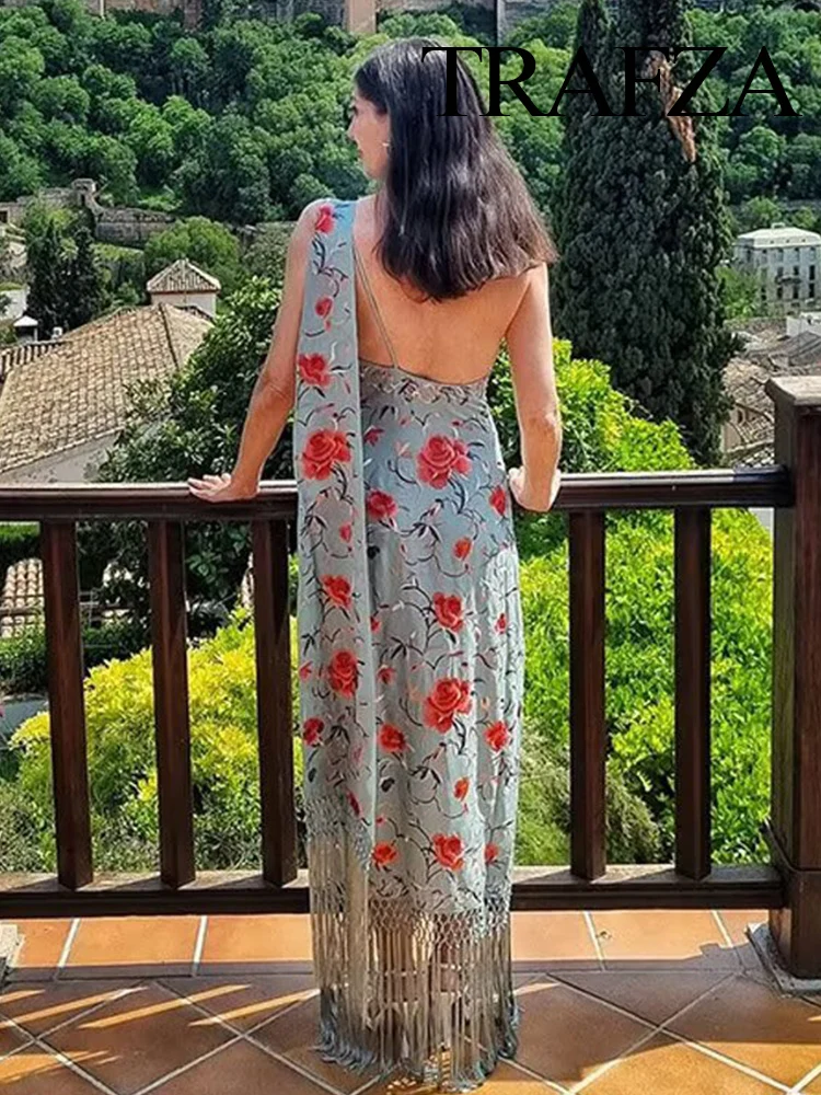 

TRAFZA Women Summer Fashion Tassel Flower Print Off-shoulder Midi Dress Female Asymmetrical Beach Party Sexy Backless Long Dress