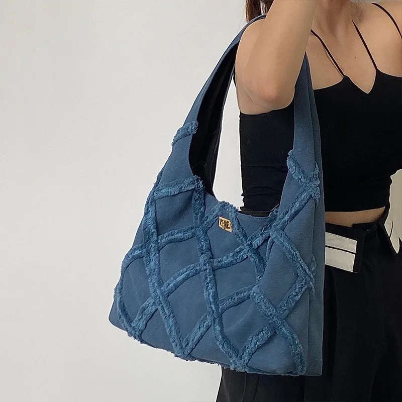 Blue Denim Canvas Women Handbag Fashion Trendy Fringed Shoulder Bag Unique Top Handle Large Casual Tote Bag Designer Inspired