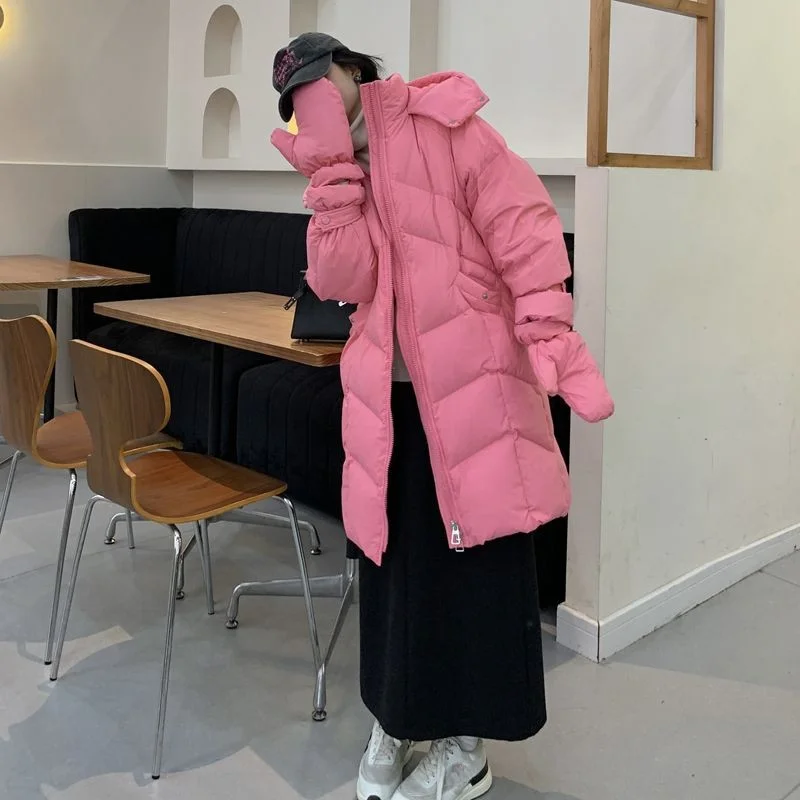

Winter Coat Female Women's Down Jacket Korean Candy Color Fashion Outerwears Thick Warm with Gloves Snow Mid-length Puffer Coats