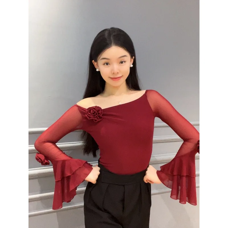 customized-modern-latin-dancewear-one-shoulder-flower-elastic-knitted-top-unique-sweet-comes-with-chest-cushion-underpants
