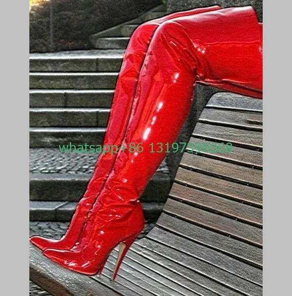 

Lady red color patent shiney high heel boots pointed toe super heel boots over the knee sexy dance dress boots punk size 35-46