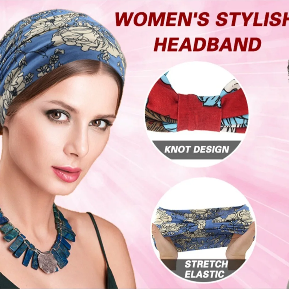 

Elastic Turban Headwear Bohemian Headband Wide Vintage Knot Women Headwrap Cotton Stretch Fashion Hair Accessory For Dance Biker