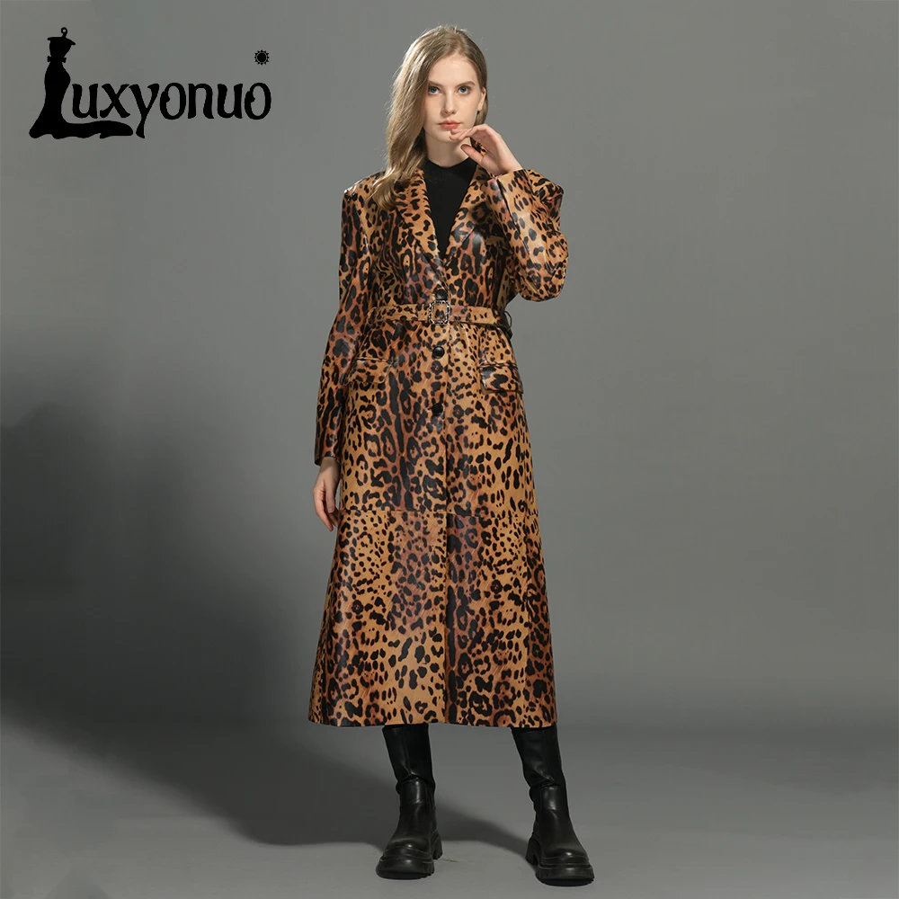 Luxyonuo Women's Real Leather Long Coat Lady Fashion Leopard Print Sheepskin Trench Coat Genuine Leather Jacket Fall New Arrival